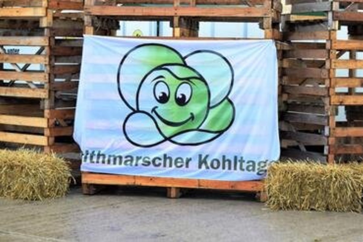 aufgespannte Stoff-Leinwand mit Kohlkopf-Logo und Aufschrift: "Dithmarscher Kohltag"