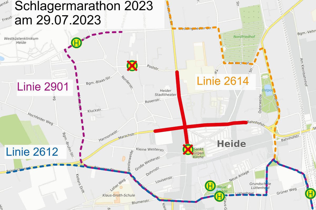Sperrungen der Heider Innenstadt am 29. Juli wirken sich auf den Bus-ÖPNV aus. Karte: SVG