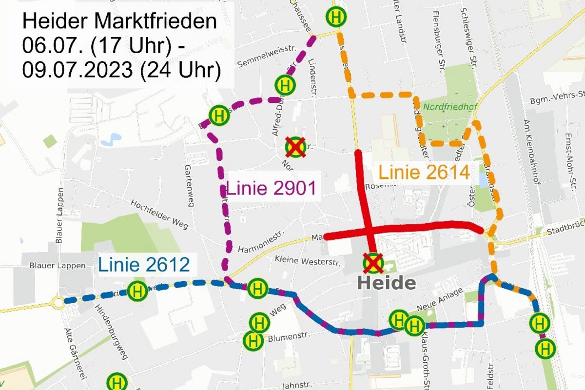 Heider Marktfrieden (6. bis 9. Juli 2023): Sperrungen der Heider Innenstadt  wirken sich auf den Bus-ÖPNV aus.
